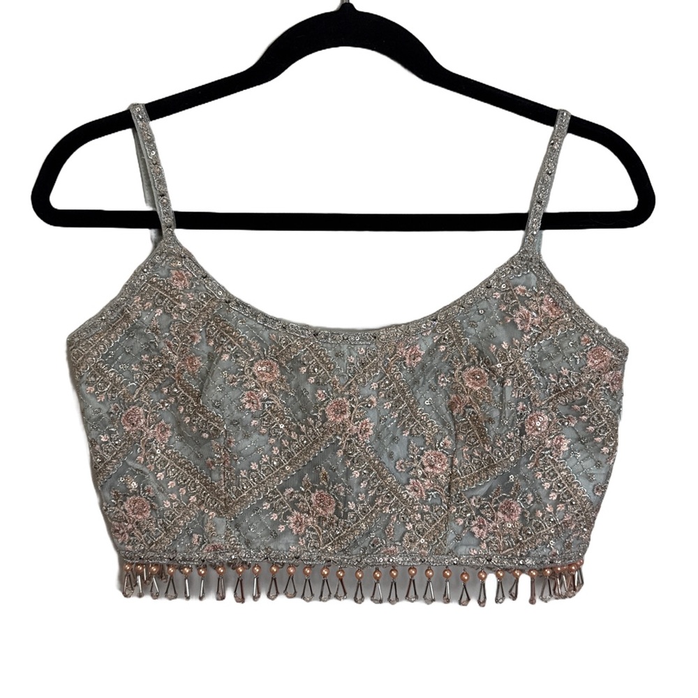 Lashkaraa Embellished Crop Top | Greyish Blue & Blush | Size XXS/XS